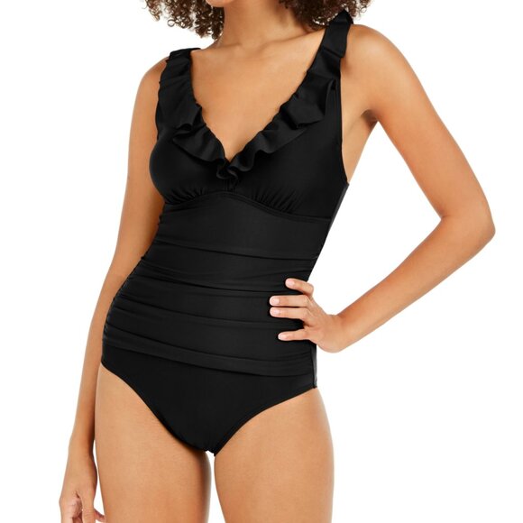 NWT DKNY Women Ruffle Plunge Underwire Tummy Control One-Piece Sz 6-18 $99 9B730 - Picture 4 of 5